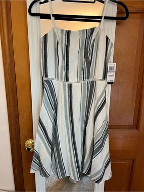 Studio Striped White, Gray and Black Strapless Mini Dress